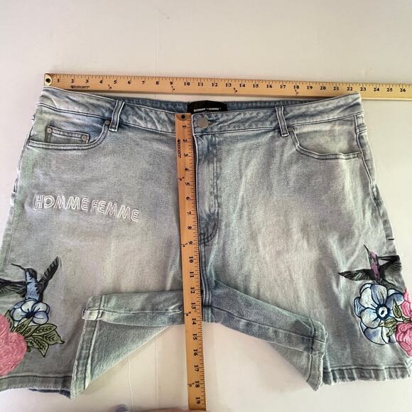 Homme + Femme NEW Embroidered Paradise Denim Shorts Unisex 44 Blue Hummingbird - Picture 10 of 12